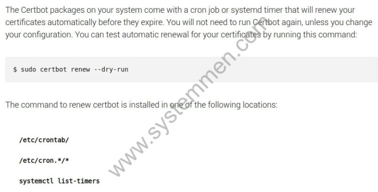 Set up Let's Encrypt Certbot auto renew - SystemMen.com